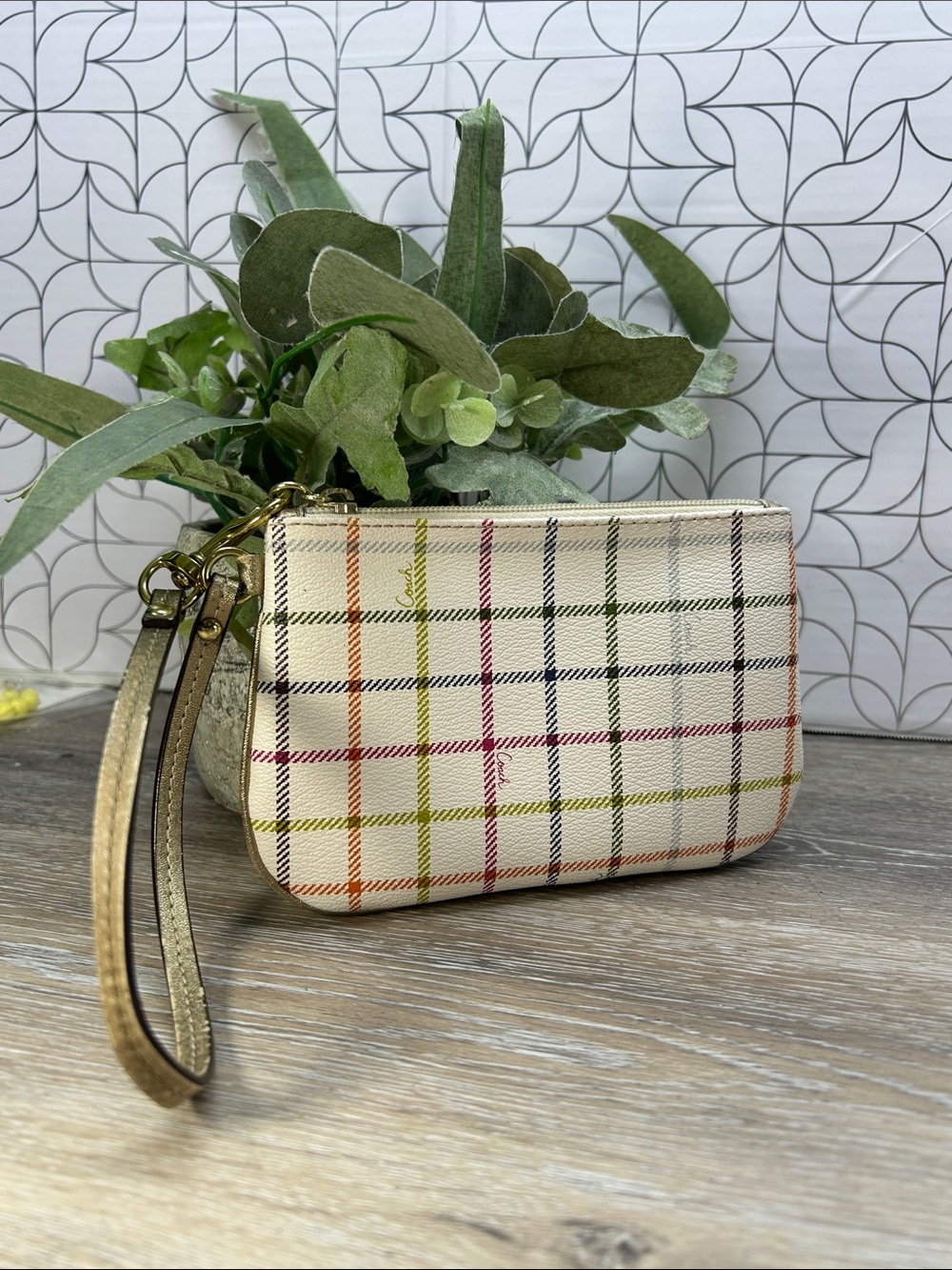 Coach Tattersall Neutral Plaid Wristlet